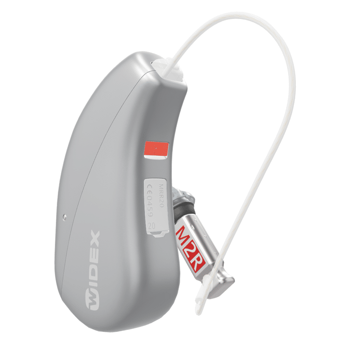Modern gray hearing aid device side view.